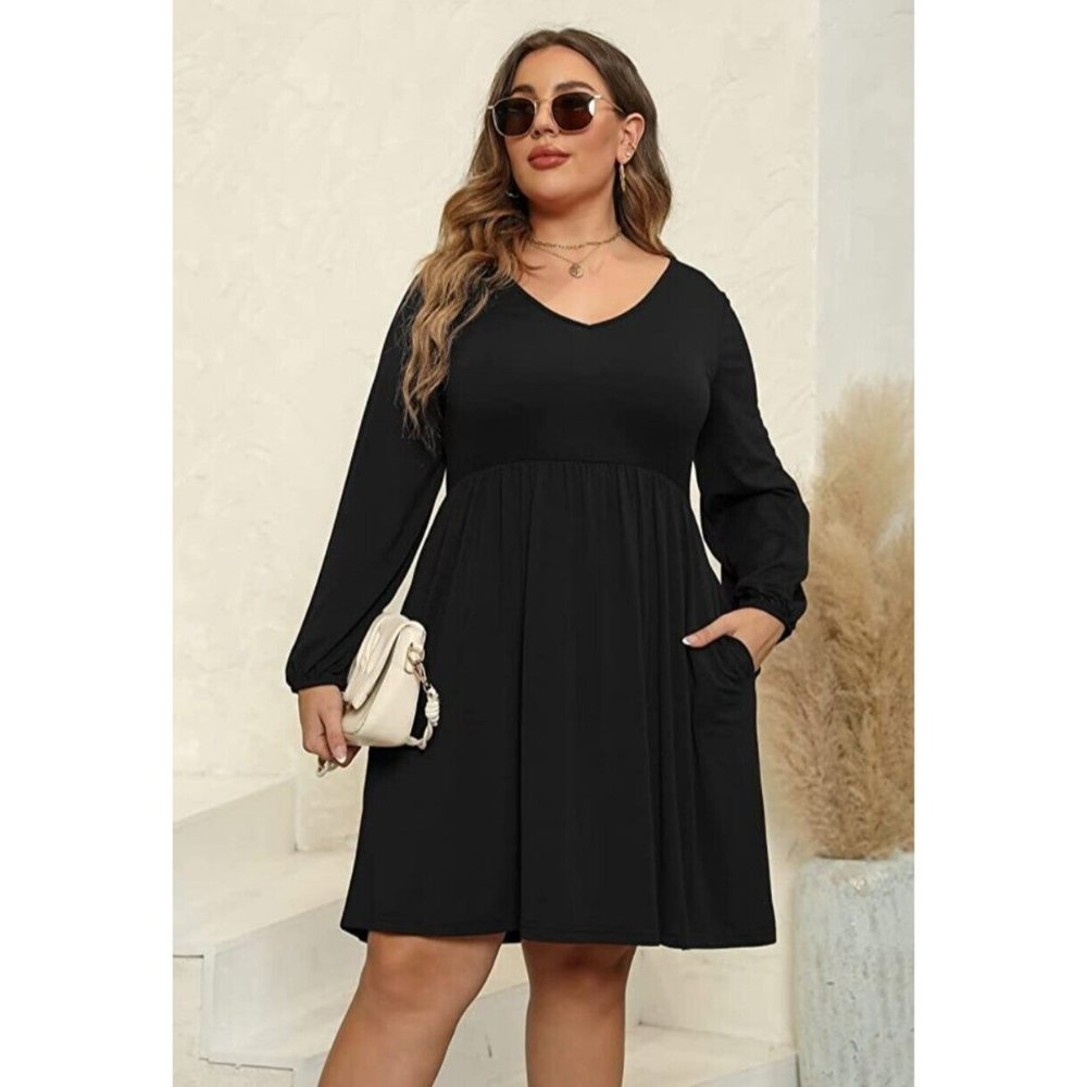 Nemidor Womens V Neck Long Puff Sleeve Plus Size Casual Flowy Swing Dress...